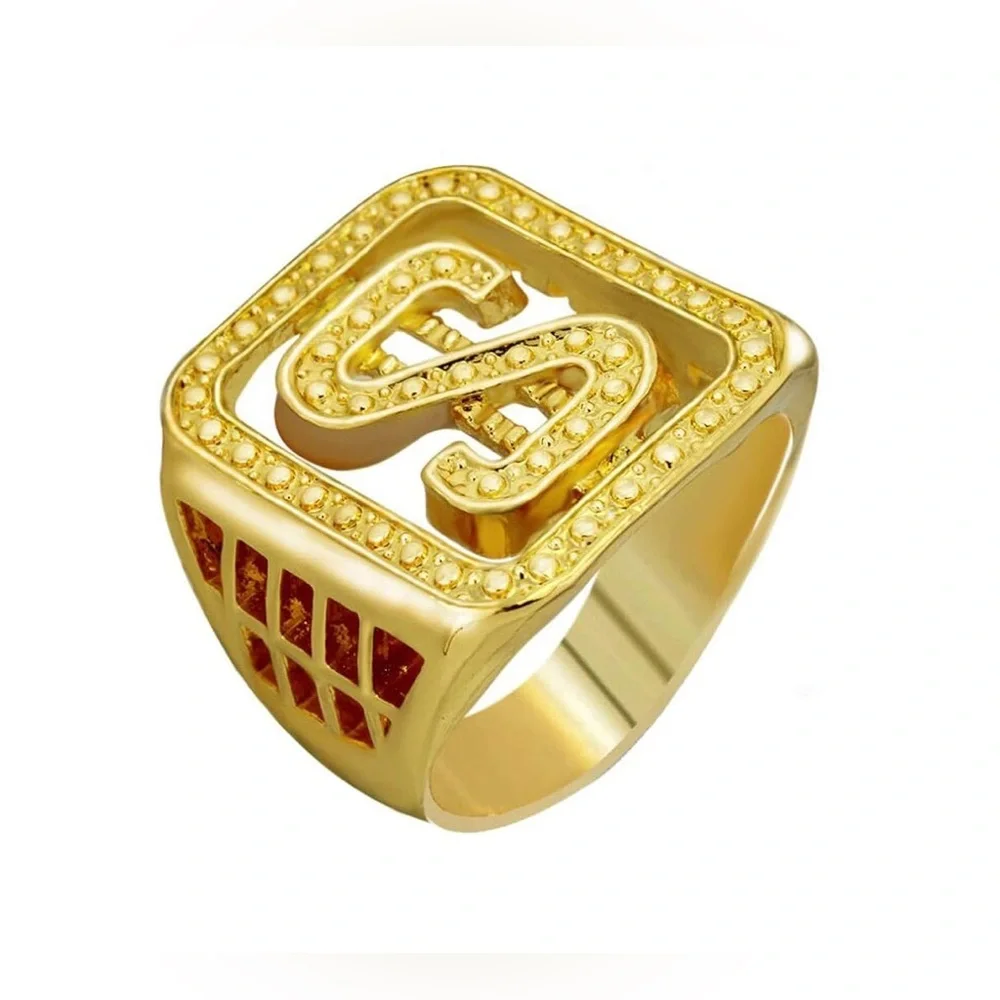 Sorella'Z men's metal ring with 18-karat gold plating. Featuring a dollar sign